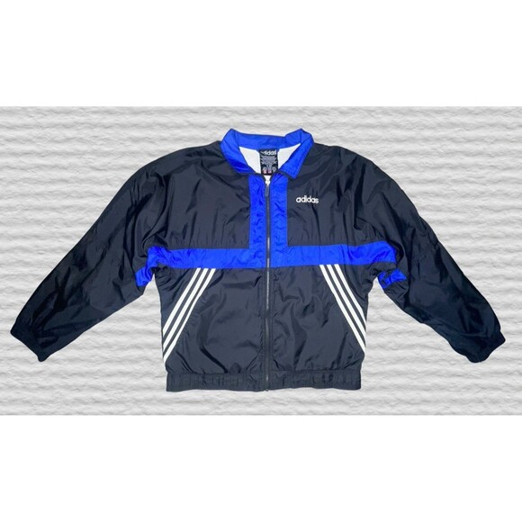 Vtg 90s Adidas Full Zip Windbreaker Mens MED Black Blue Retro Track Jacket Gym - Picture 1 of 8